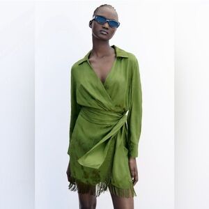 NWT Zara Fringed Jacquard Wrap Mini Dress